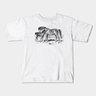 A Foal with Mare, Horses Vintage Black & White  Illustration Kids T-Shirt